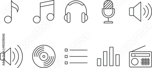 Collection of simple black and white line icons representing various music and audio elements.