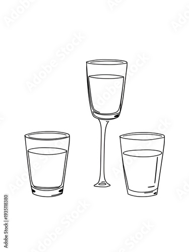 Four Glasses In Hand Drawn Style Set. Beverage Containers, Drinkware, Hydration Doodle Sketch Collection. Minimalist Design Elements. Isolated Vector Illustration