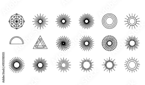 Minimal Sun Logo Outline Vector Set with Solar and Summer Badge Symbols