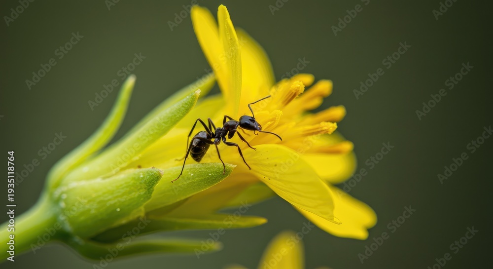 Naklejka premium A black ant on a vibrant yellow flower. Close-up of insect on blossom