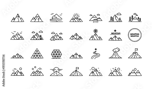 Mountain Line Art Outline Icon Set with Adventure and Nature Symbols