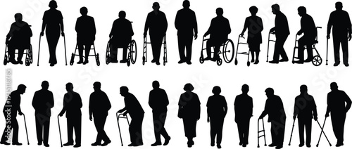 PrintElderly silhouettes with mobility aids, wheelchair walker cane illustration, senior healthcare concept, aging support design, accessibility artwork, gerontology, rehabilitation