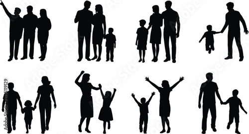 Family silhouettes collection, parents and children figures, unity icons, togetherness vector design, black group illustration, social relationship art, lifestyle pattern