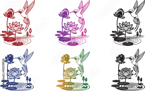 Set of colorful hummingbird silhouettes drinking nectar from lotus flowers in a pond.