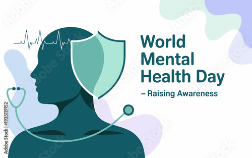 World mental health day awareness campaign with silhouette of a person shield and stethoscope promoting mental wellness and support