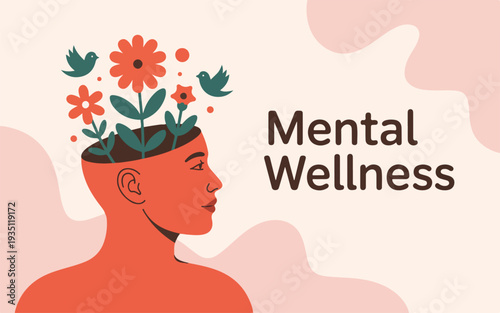 Mental wellness concept with flowers in a person's head symbolizing growth and self care peaceful and calming atmosphere