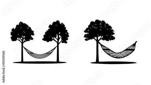 Two black silhouette icons of hammocks strung between trees for relaxation and leisure
