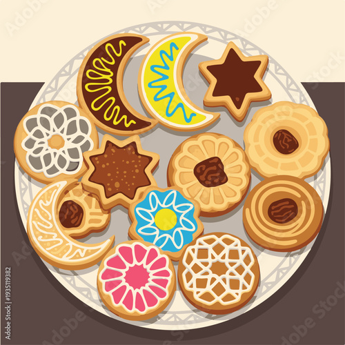 Assorted Ramadan Eid cookies on plate.