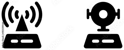 Two black icons of sodar sonic detection and ranging technology devices on white background for sound wave measurement