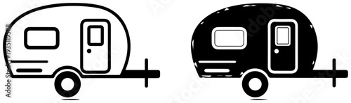 Teardrop trailer camper icons in black and white for travel and adventure