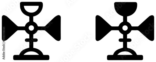 Two black icons of three cup anemometer wind speed meters on white background for weather forecasting and renewable energy