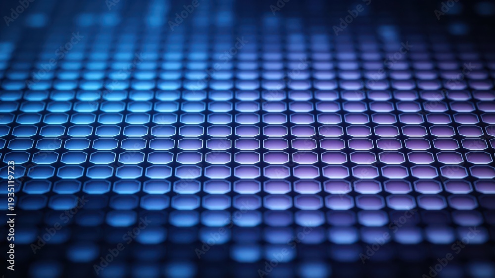 Fototapeta premium Abstract glowing blue and purple hexagonal grid pattern futuristic technology background digital network concept 3D render depth of field neon lights cyber security data flow
