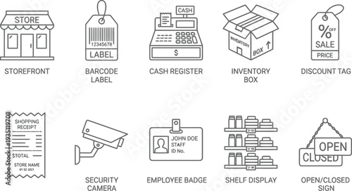 Collection of retail and shopping line icons featuring storefront barcode cash register and receipt