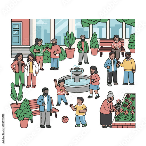 Diverse group of people socializing outdoors.