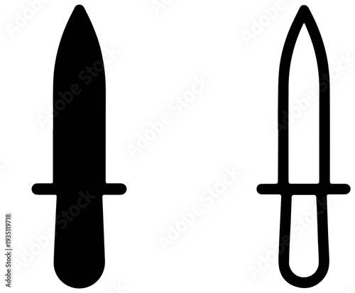 Three icons of combat knives arranged horizontally on white background with black outlines and solid fill
