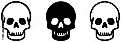 Set of three human skull icons in black and white arranged horizontally on a plain background