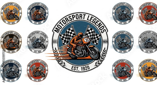 Motorsport Legends Motorcycle Racing Badges Collection, Vintage Style Design.