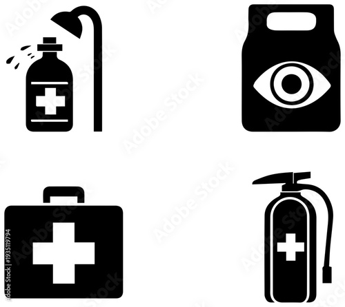 Set of four flat black medical icons including first aid kit eye wash fire extinguisher and spray bottle on white background for healthcare and emergency response themes