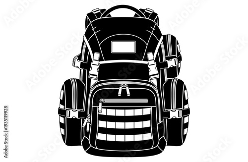 Detailed black and white silhouette illustration of a tactical military backpack featuring multiple compartments straps and molle webbing for outdoor adventures
