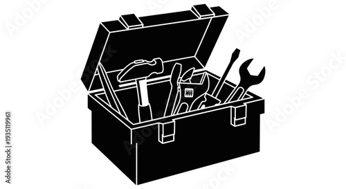 An essential open black toolbox filled with various hand tools like a hammer, wrench, screwdriver, and pliers, representing repair, construction, or maintenance work on a white background.