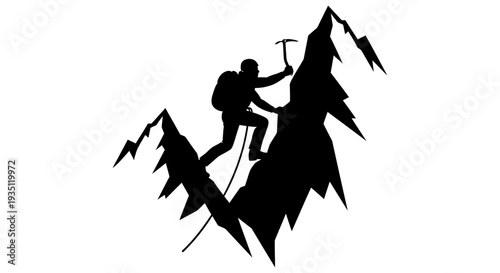 Silhouette of a determined mountaineer ascending a steep, jagged peak with an ice axe and rope, symbolizing adventure, challenge, and perseverance in high altitude climbing.