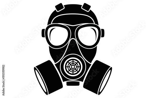 Iconic black and white graphic illustration of a full-face gas mask designed for maximum respiratory protection in hazardous environments.