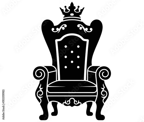 Royal throne with a crown on top symbolizing power and royalty in a minimalist design and classic elegance