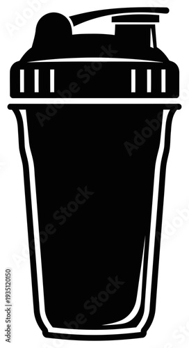 Simple black and white illustration of a protein shaker bottle with a flip top lid and sleek design perfect for fitness enthusiasts and athletes.