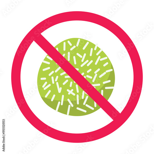 Forbidden sign with klepon cake icon, no high sugar food sign, sugary snack restriction, sticky food not allowed, no sweet desserts