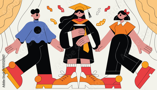 Parents congratulating daughter in graduation gown, oversized proportion characters, minimal facial detail