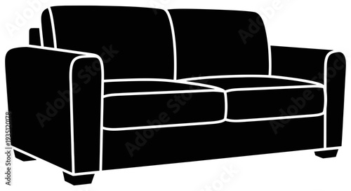 Modern black two seater sofa illustration with white outline in a minimalist style for home decor inspiration and furniture design ideas