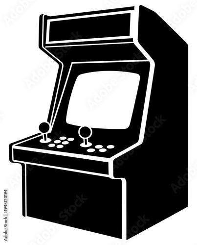 Classic black and white illustration of a vintage arcade machine with joystick and buttons ready for gameplay.