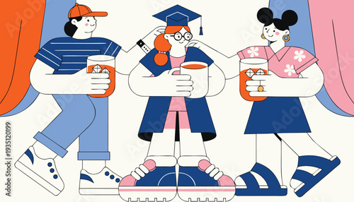 Parents congratulating daughter in graduation gown, convocation party in university