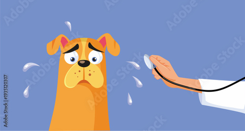 Dog Sweating During a Vet Checkup Vector Illustration. Ill puppy with fever sweat gets an exam by a pet doctor 
