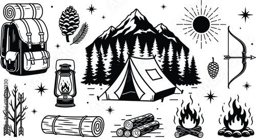 Black and white camping icon set with tent mountains backpack campfire and forest elements isolated on white background for outdoor adventure and travel design