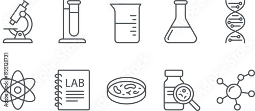 Scientific research and laboratory equipment icon set with microscope, beaker, and atom.