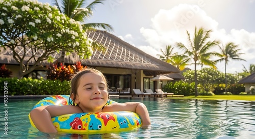 Young girl enjoying a relaxing day in the pool surrounded by tropical trees and luxurious resort facilities