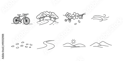 "Spring Sakura Cycling Scene". Minimalistic set one-line drawing bike leaning near path, arch of cherry