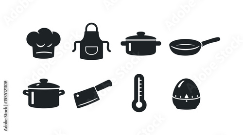 Kitchen and cooking silhouette icon collection including pot, pan and culinary tools