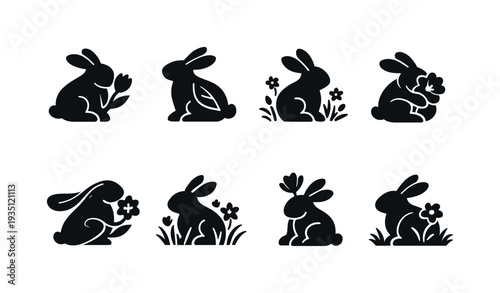 Rabbit silhouette icon collection featuring playful bunny shapes in minimal style