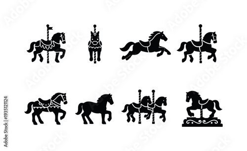 Carousel Horses. Filled icon set of Carousel Horses: carousel horse side view, carousel horse front view,