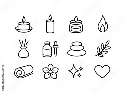 spa candle. Line outline icon set of spa candle: spa candle, lit candle, candle in jar, candle flame, aroma