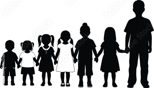 Children silhouettes holding hands in row, diverse group of kids standing together, childhood friendship and unity concept vector, black and white primary school students