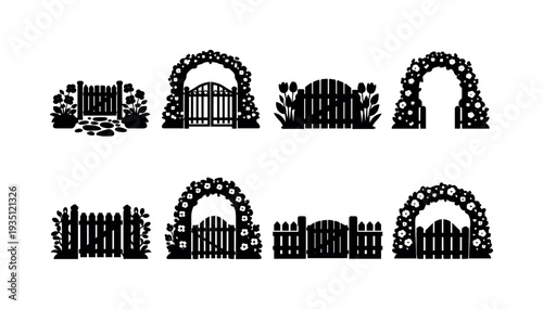 Cottage Garden Icons. Cottage garden entrance contour drawing. Filled icon set of Cottage garden entrance