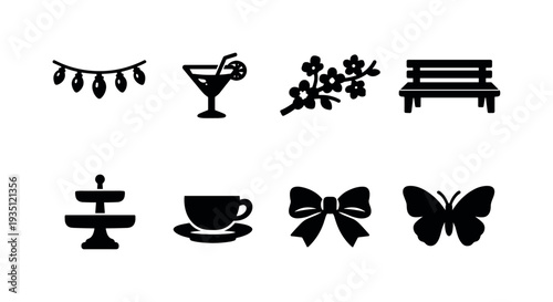 Spring soirée. Filled icon set of Spring soirée: fairy lights, cocktail drink, blooming branch, outdoor bench,