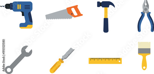 Hand tools and power drill set, hammer saw pliers wrench screwdriver ruler paintbrush vector illustration isolated collection
