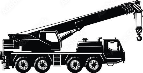 Black and white mobile crane truck illustration of heavy construction machinery with telescopic boom and hook isolated on white background for industrial design projects