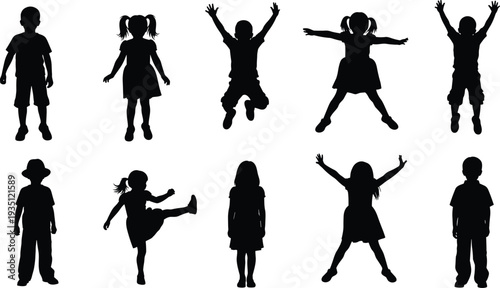 Black silhouettes of happy children jumping and playing, group of young boys and girls figures, childhood icons isolated on white,