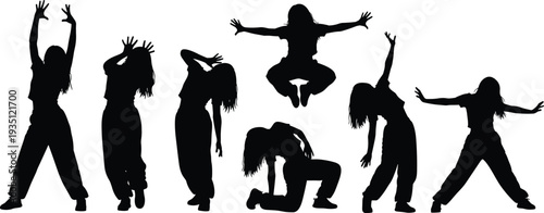 Black silhouettes of female hip hop dancers, women street dance performers jumping and posing, girl dancers isolated on white background