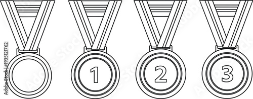Competition medals with ribbons first second third place ranking, award achievement artwork illustration, sports contest design, decorative success concept graphic